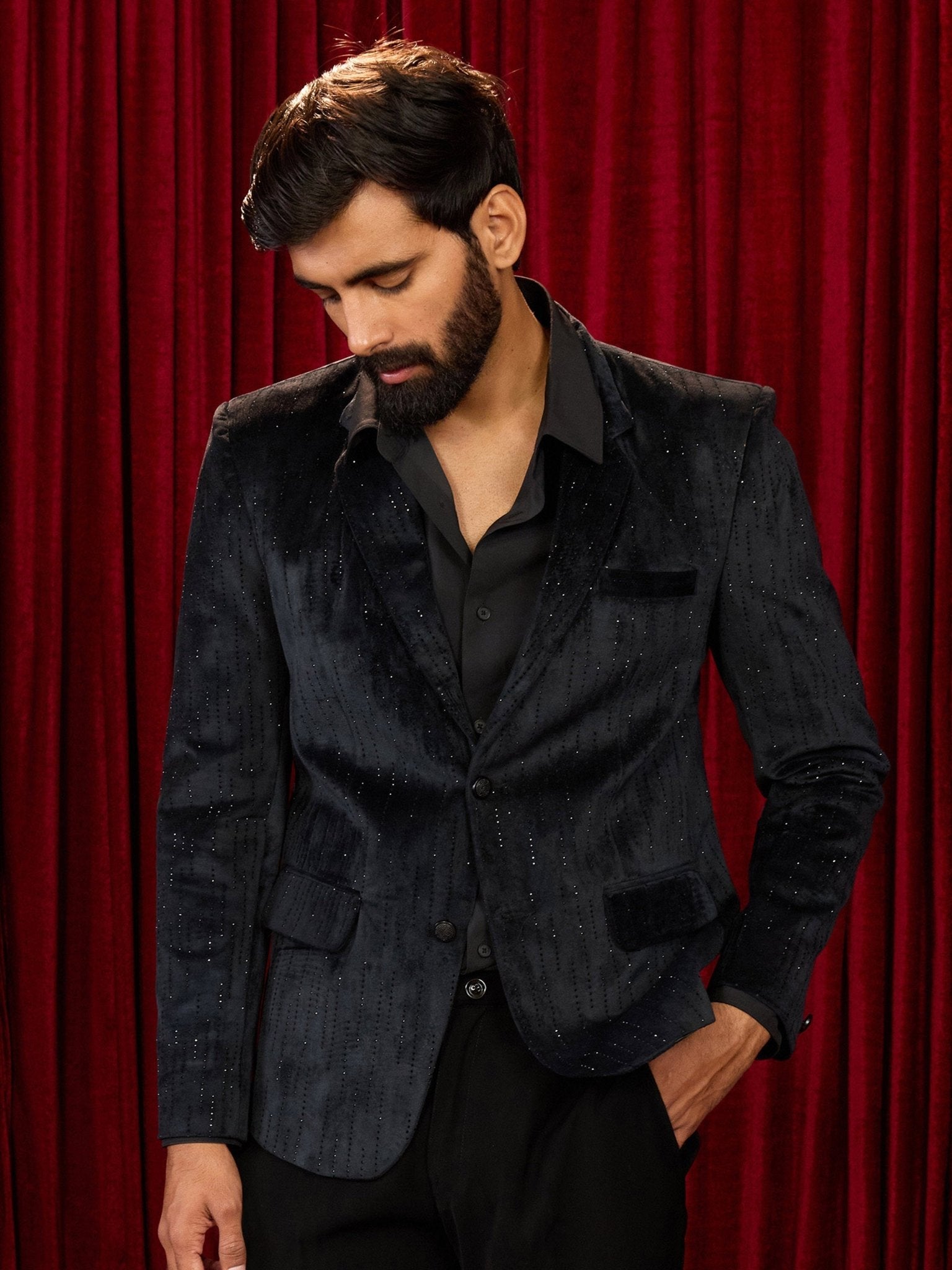 Men's's Black Milan Velvet Stone Work Blazer