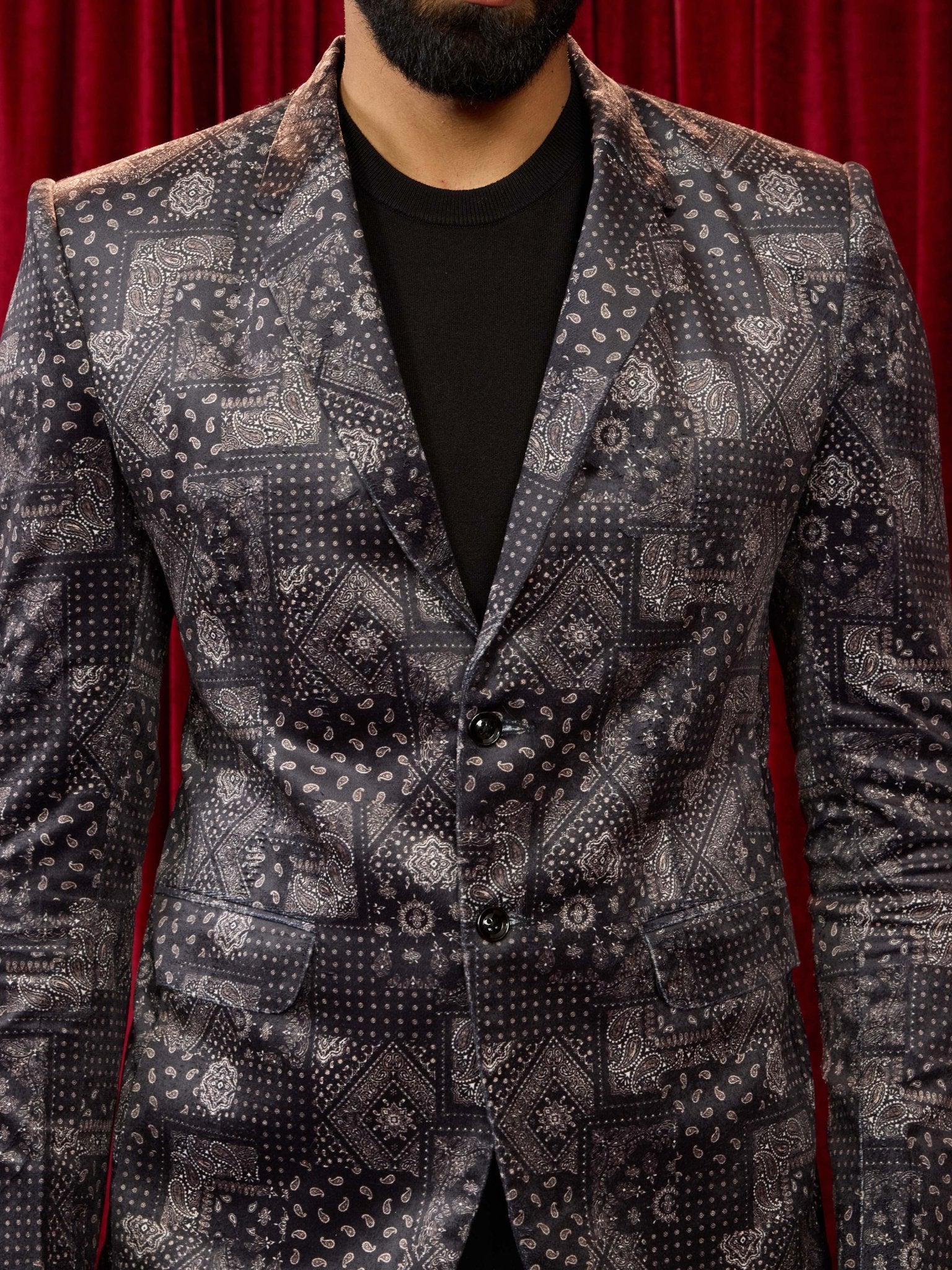 Men's's Black Velvet Digital Print Blazer