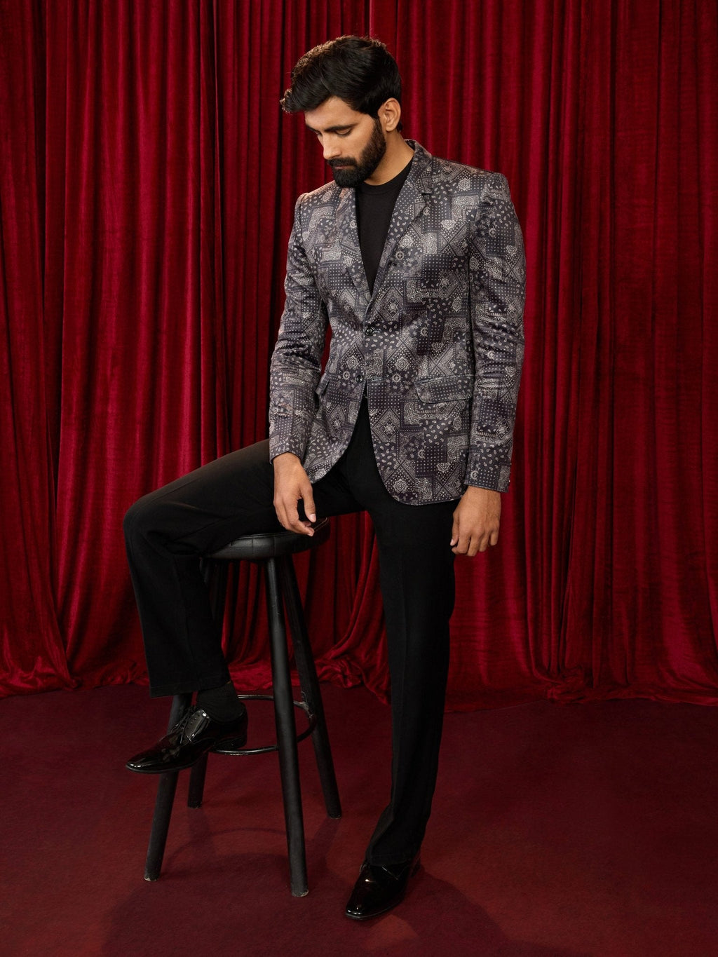 Men's's Black Velvet Paisley Digital Print Blazer with Black Straight Pant Set