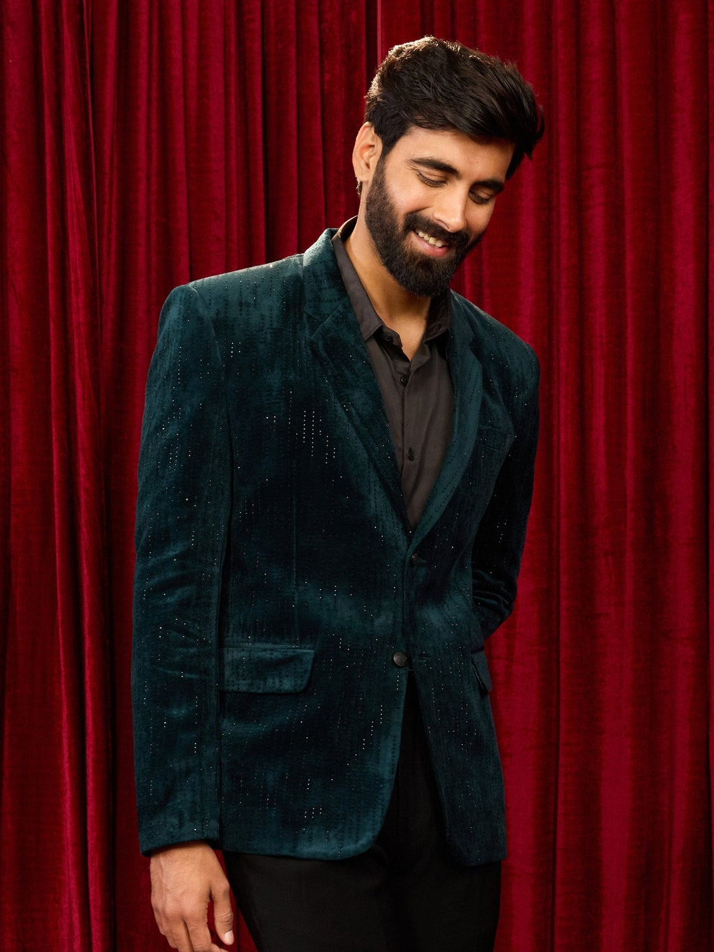 Men's's Bottle Green Milan Velvet Stone Work Blazer