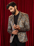 Men's's Chiku Velvet Abstract Digital Print Blazer with Black Straight Pant Set