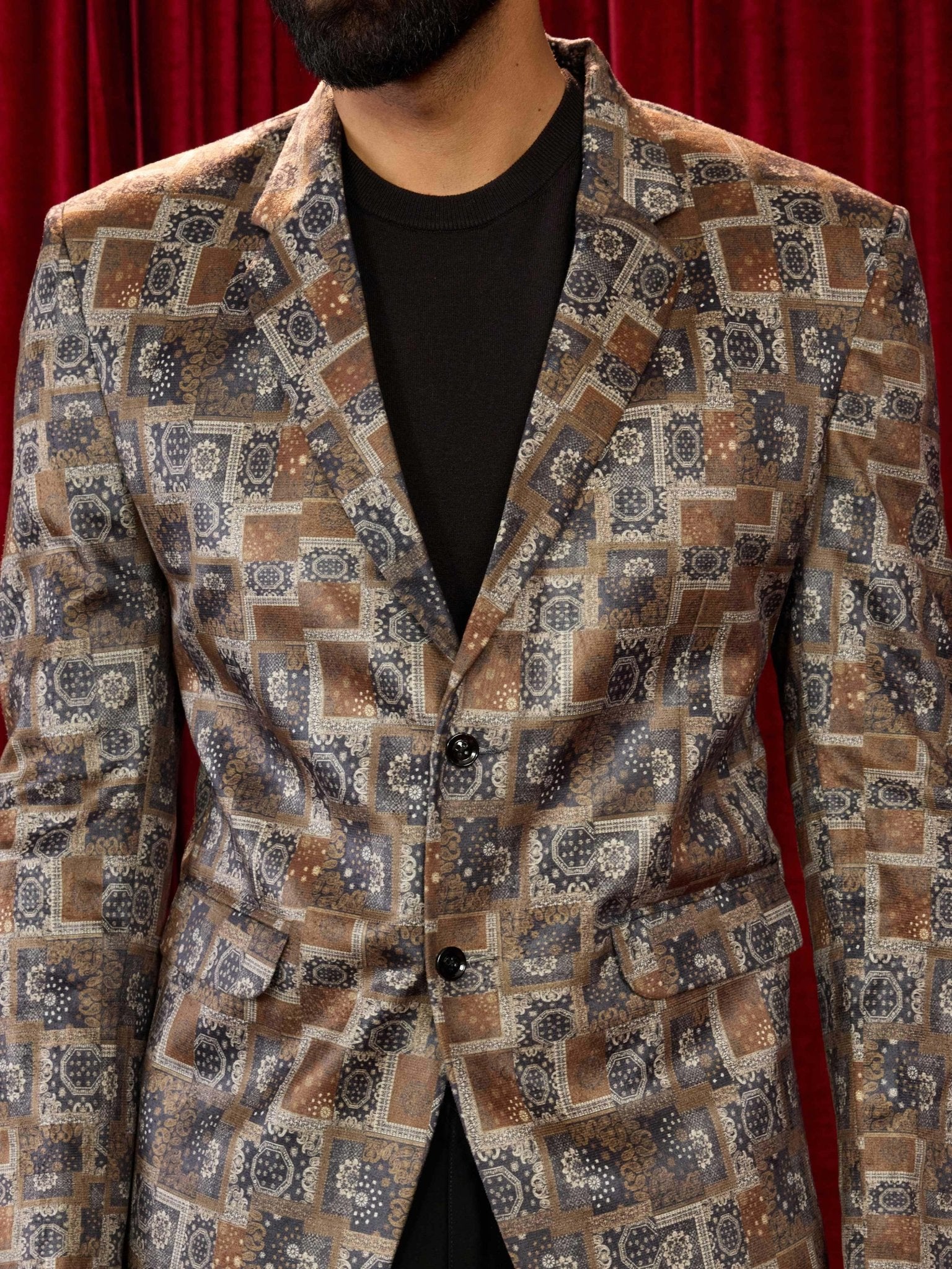 Men's's Chiku Velvet Abstract Digital Print Blazer with Black Straight Pant Set