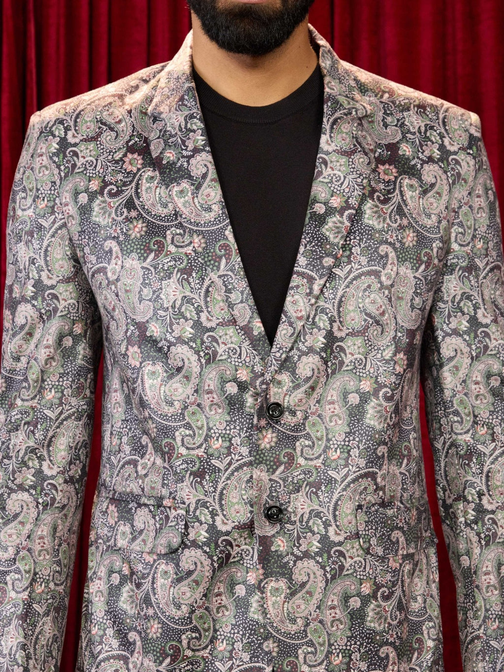 Men's's Green Velvet Paisley Digital Print Blazer with Black Straight Pant Set