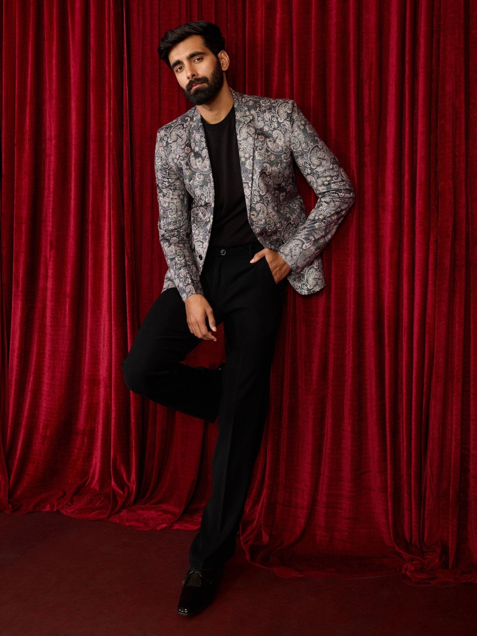 Men's's Green Velvet Paisley Digital Print Blazer with Black Straight Pant Set