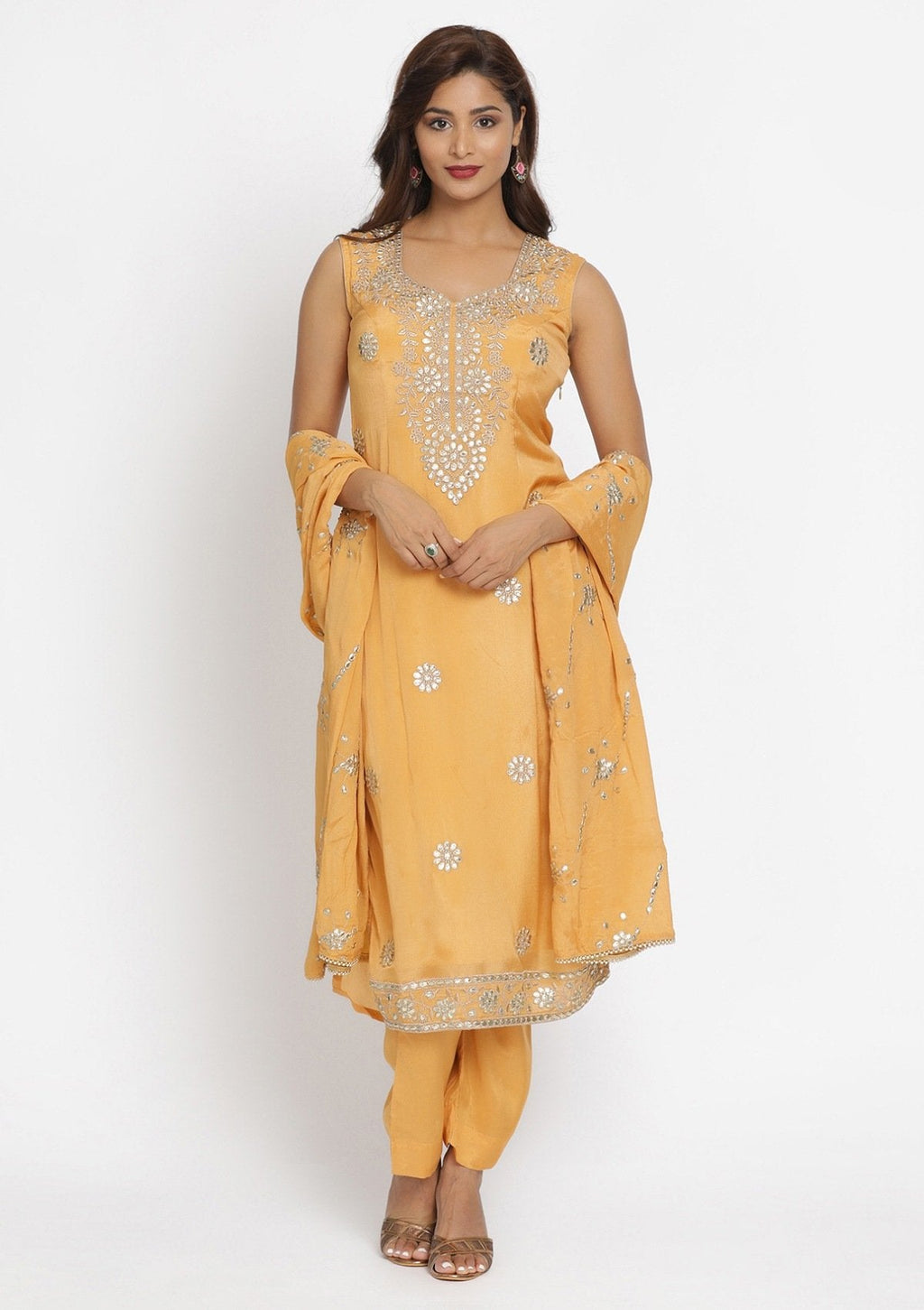 Mustard Gotapatti Semi Crepe Unstitched Salwar Suit