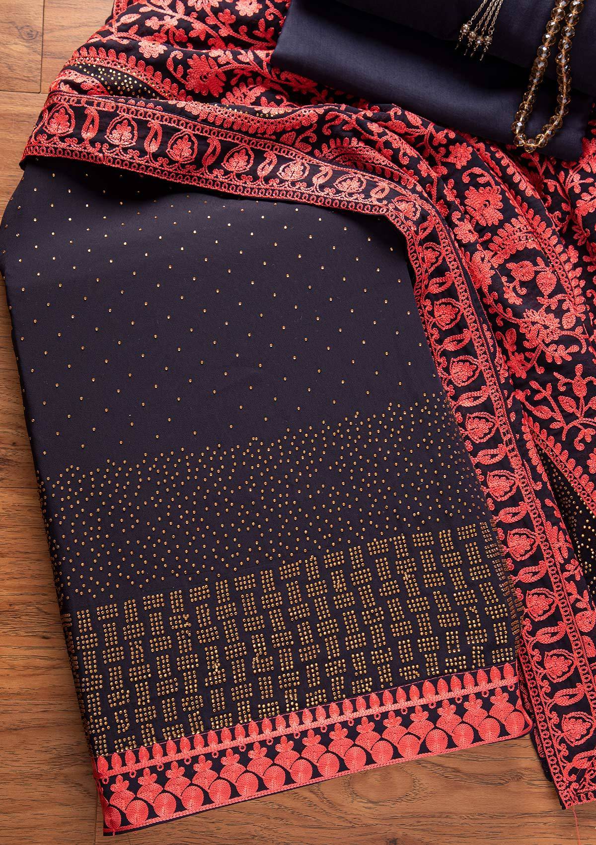 Navy Blue Swarovski Georgette Unstitched Salwar Suit