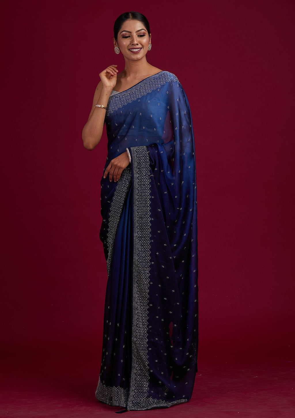 Navy Blue Swarovski  Satin Designer Saree
