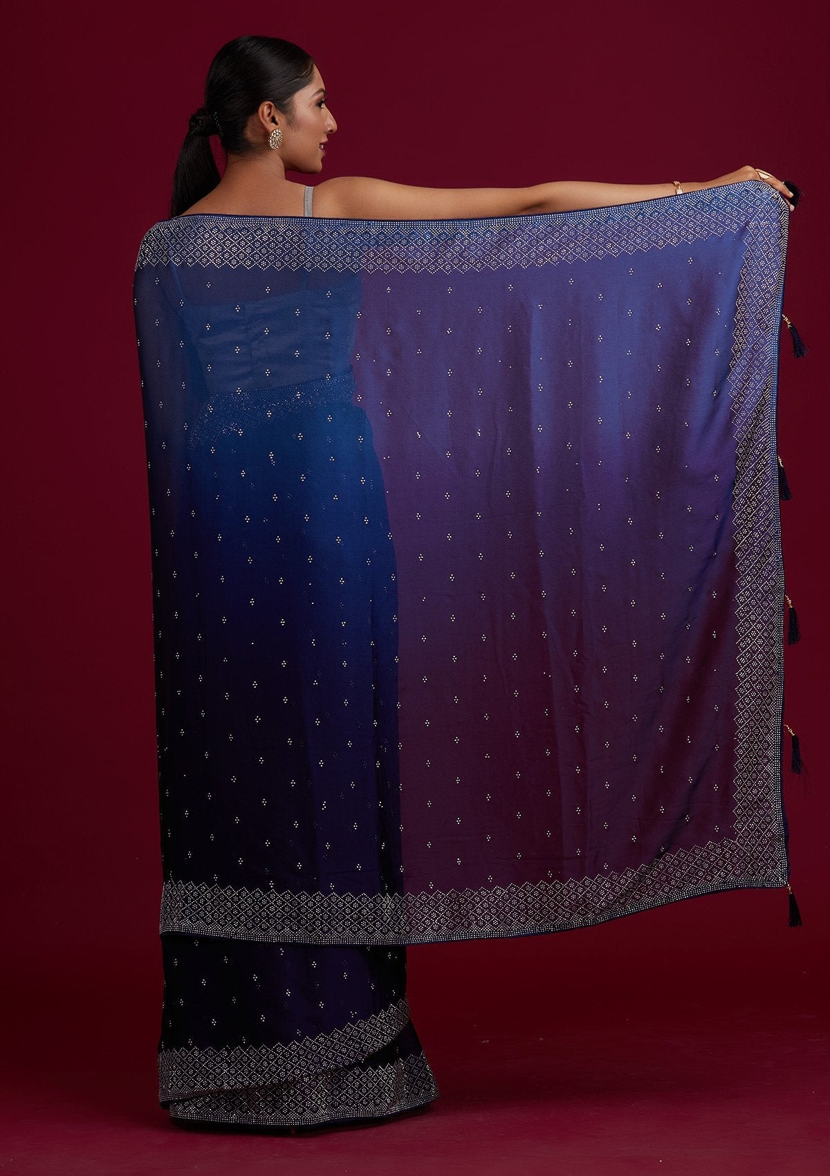 Navy Blue Swarovski  Satin Designer Saree