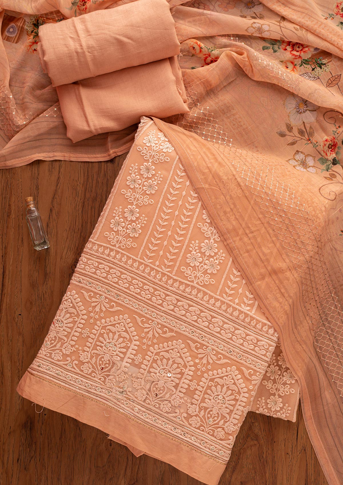 Peach Chikankari Georgette Unstitched Salwar Suit