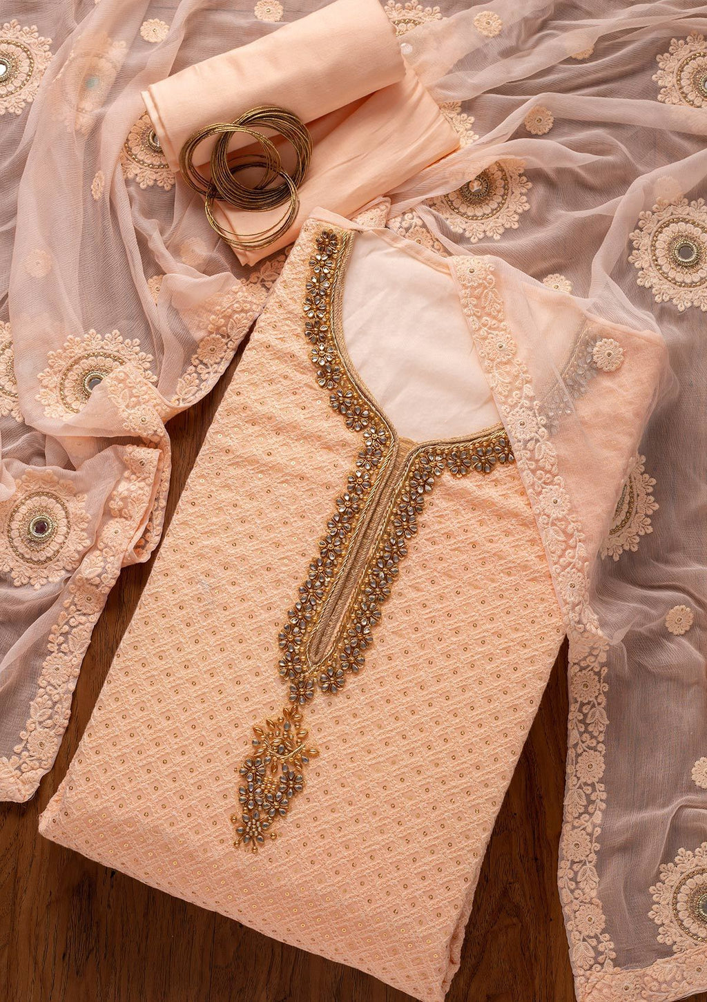 Peach Stonework Georgette Unstitched Salwar Suit