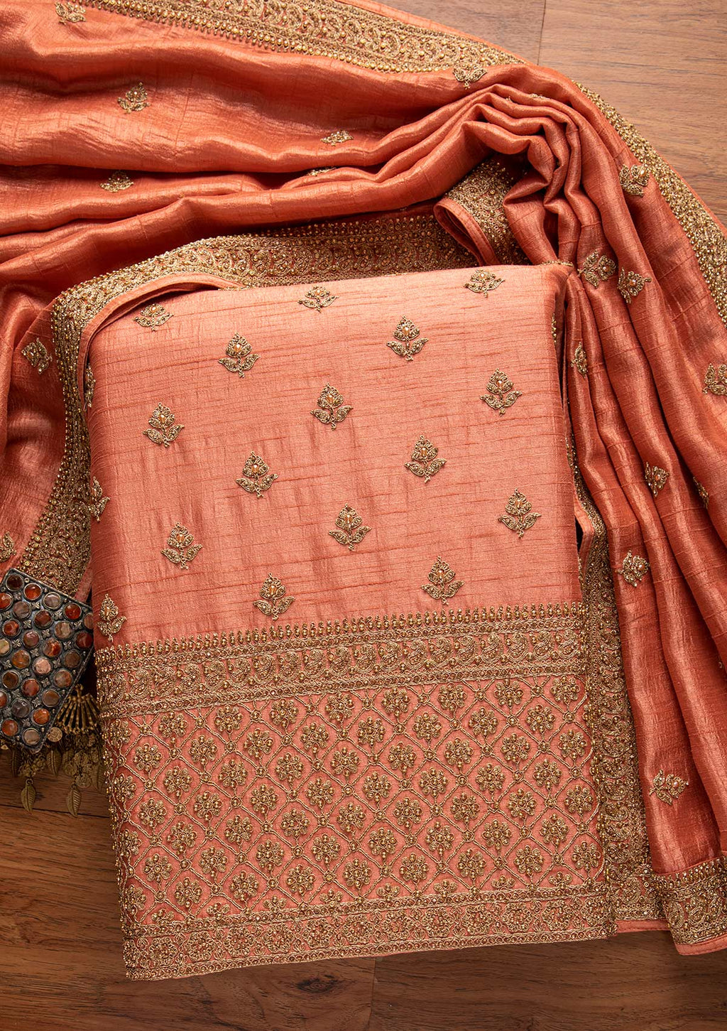 Peach Stonework Art Silk Unstitched Salwar Suit