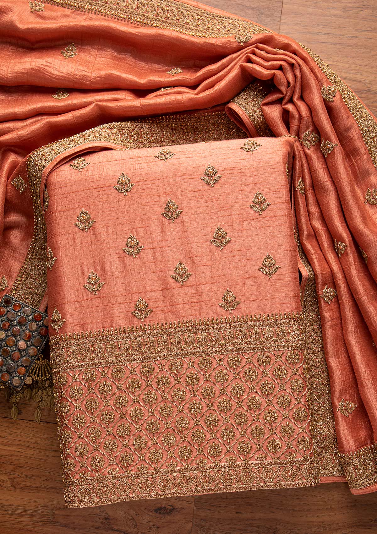 Peach Stonework Art Silk Unstitched Salwar Suit