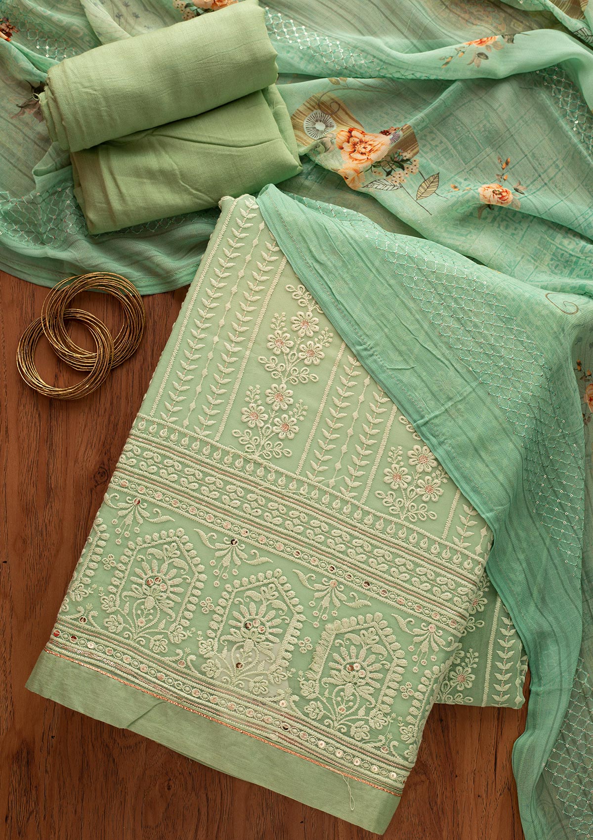 Pista Green Chikankari Georgette Unstitched Salwar Suit
