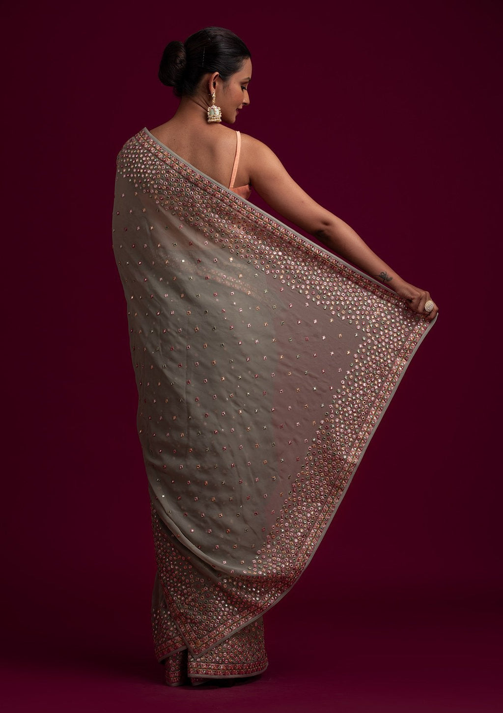 Pista Green Threadwork Georgette Designer Saree