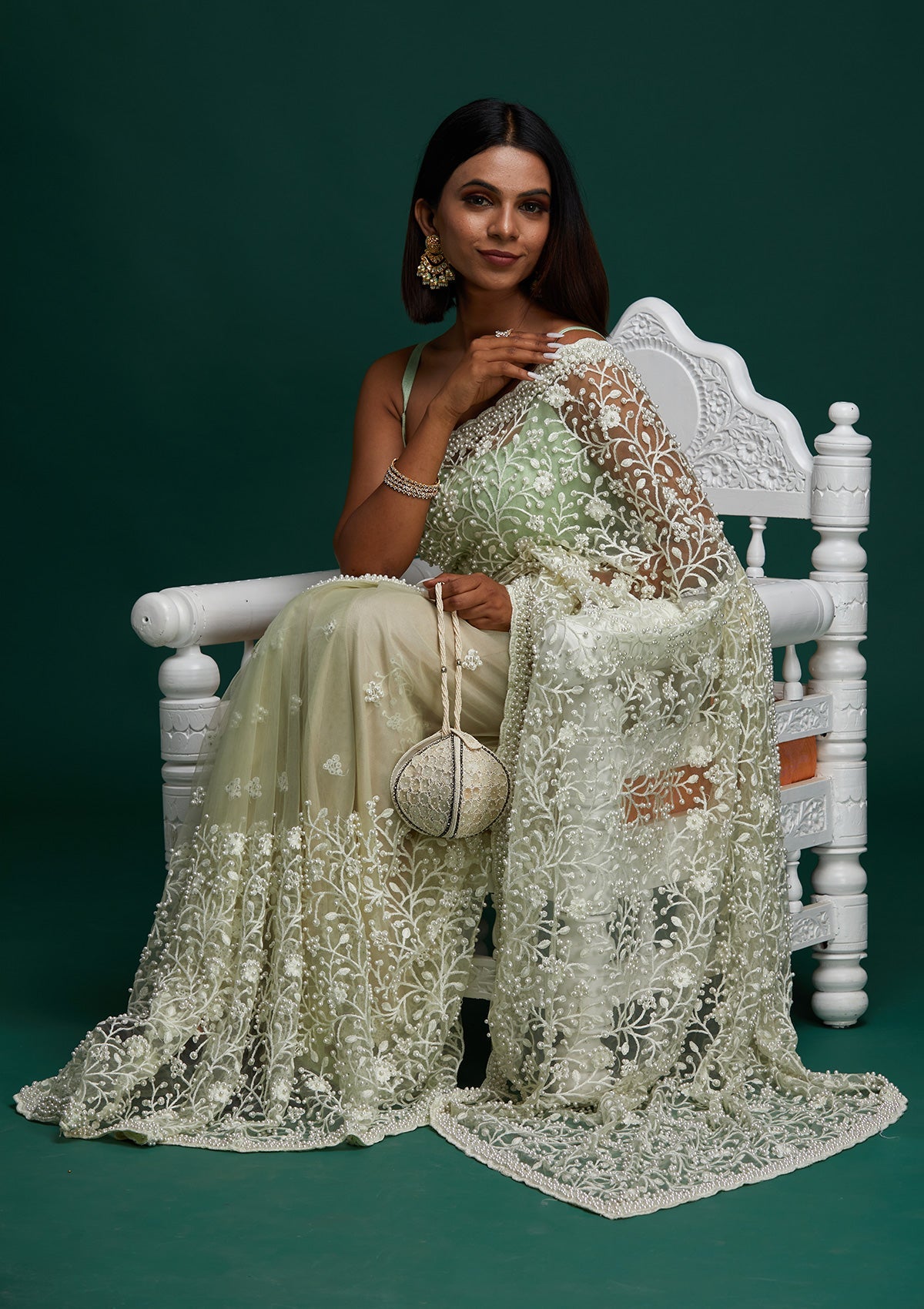 Pista Green Pearlwork Net Designer Saree