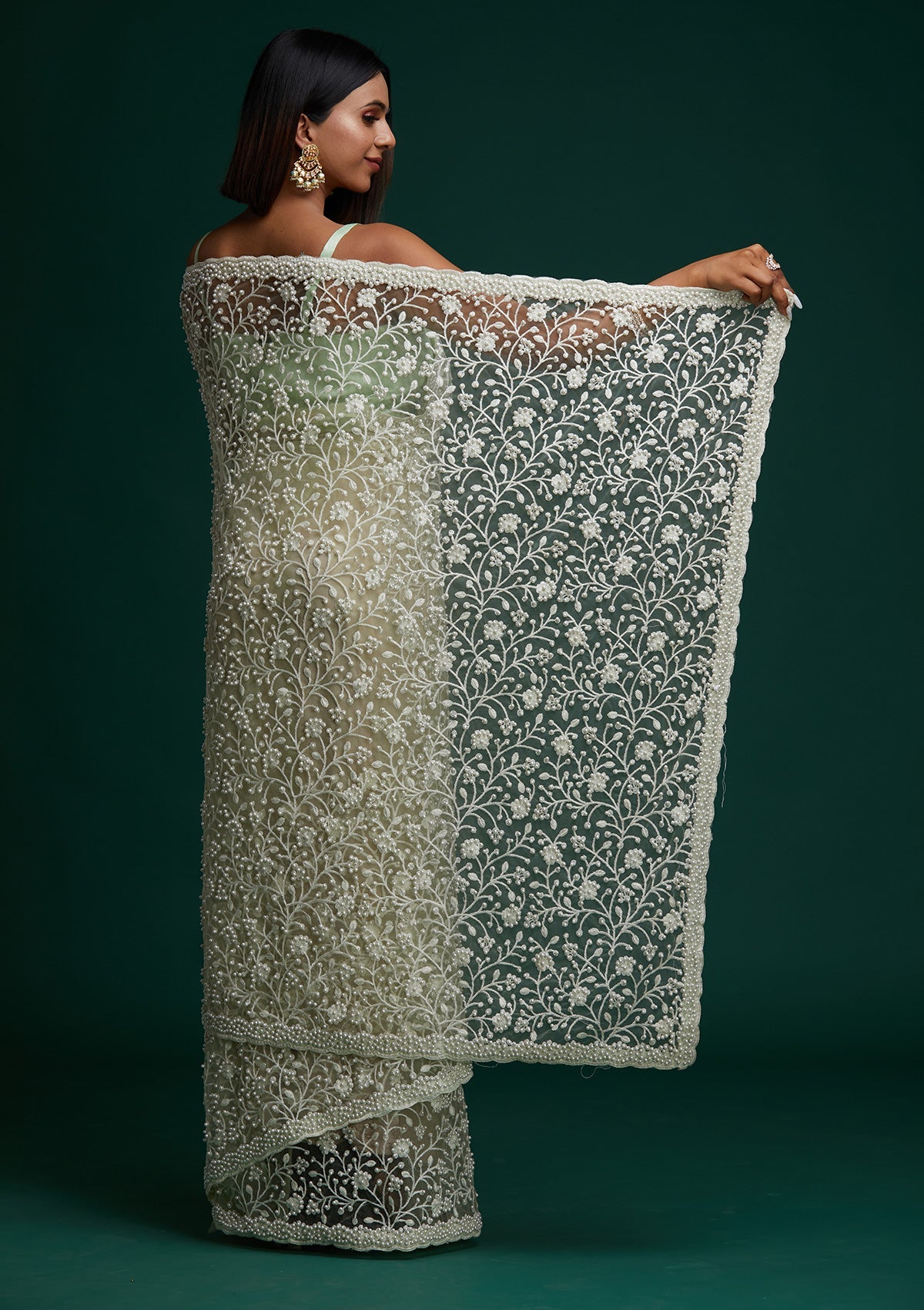 Pista Green Pearlwork Net Designer Saree