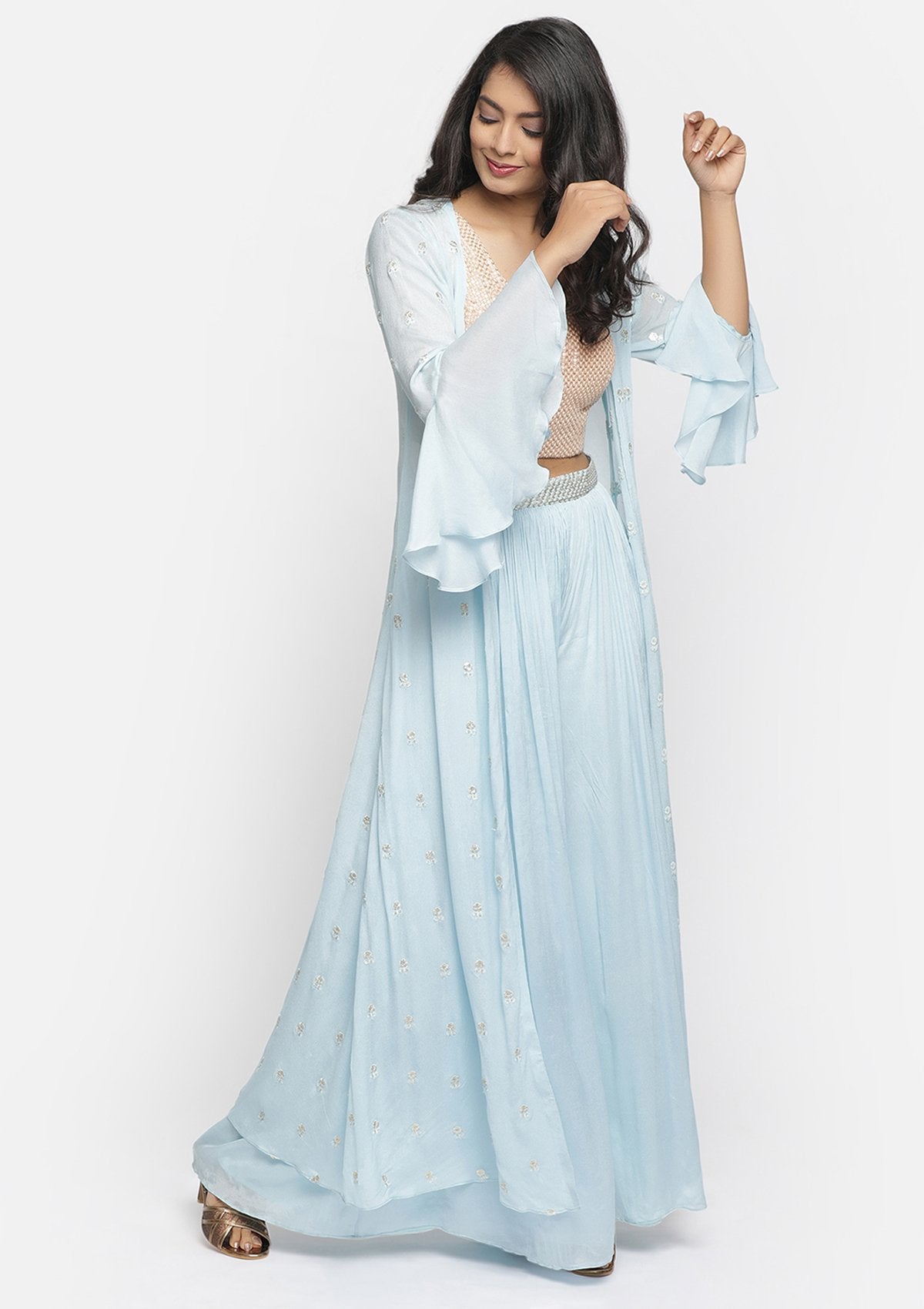 Sky Blue Sequins Semi Crepe Designer Salwar Suit