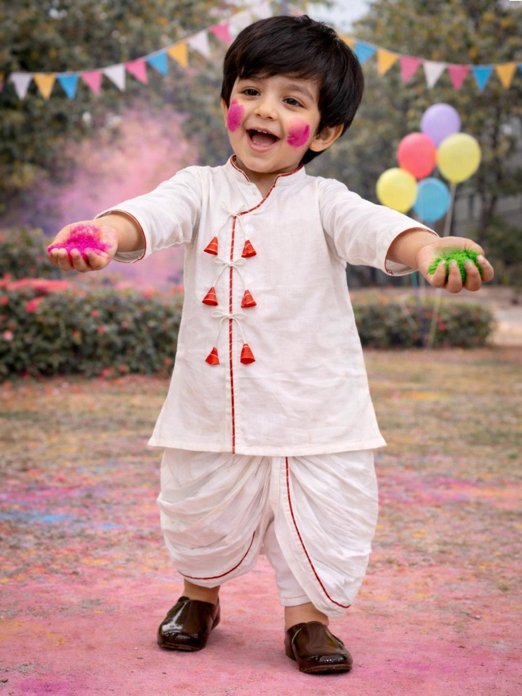 Vastramay Boys White Cotton Angrakha Kurta Dhoti Set