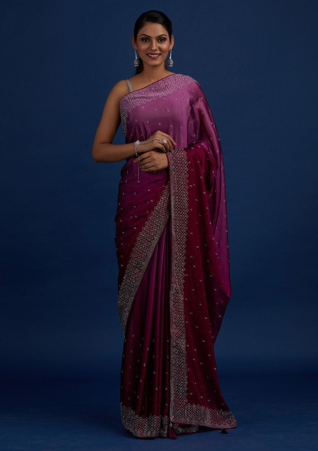 Wine Swarovski Satin Designer Saree