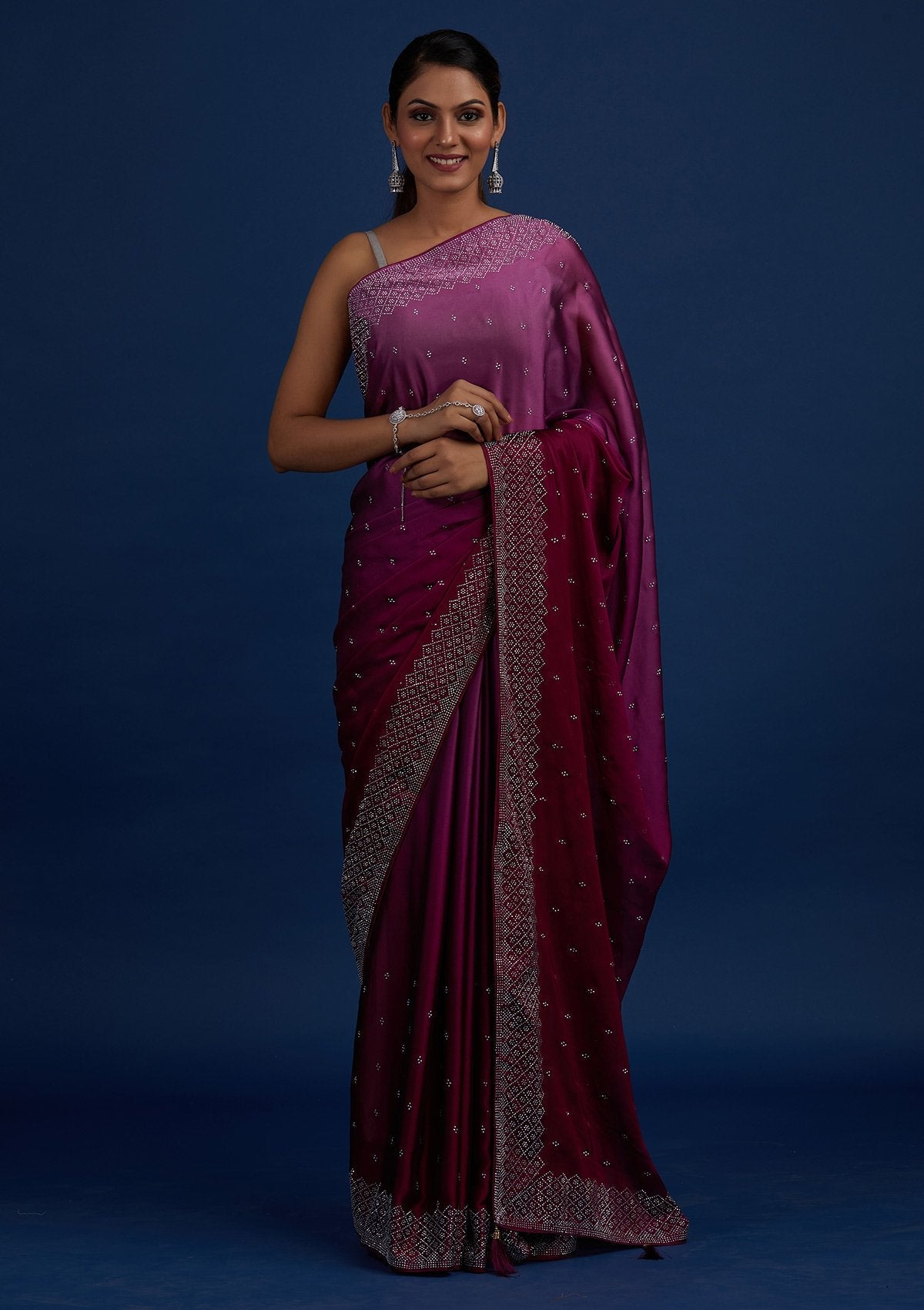 Wine Swarovski Satin Designer Saree