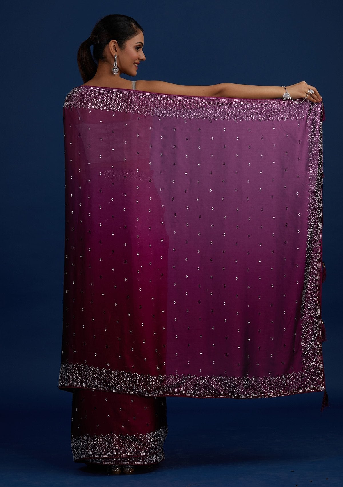 Wine Swarovski Satin Designer Saree